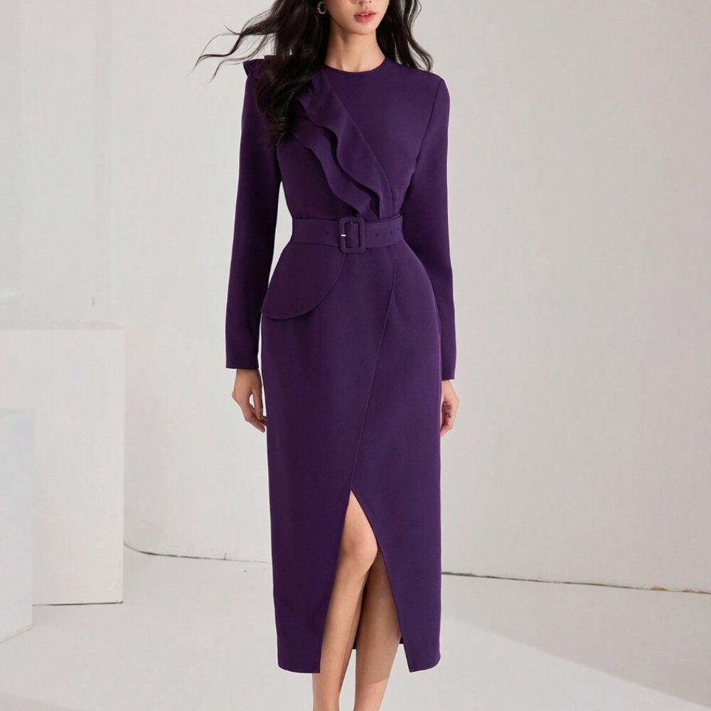 Purple ruffle midi dress
